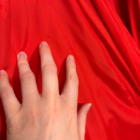 Vtg Red Draped Blouse Snap Neck Button Front Short Sleeve 80s | Bright Spring - Picture 9 of 12